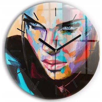 Hodiny Moderní skleněné hodiny s grafikou na zeď Portrét ženy kulatý průměr 30 cm