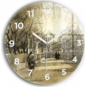 Hodiny Skleněné nástěnné hodiny Park a stromy v sépii, bílé ručičky, kulatý fi60 cm