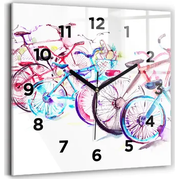 Hodiny Nástěnné čtvercové skleněné hodiny do kanceláře Barevná městská kola 30x30 cm