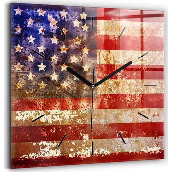 Hodiny Skleněné nástěnné hodiny do kanceláře s grafikou vlajky USA ve vintage stylu 30x30 cm