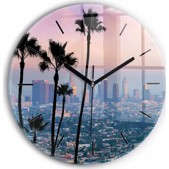 Hodiny Moderní skleněné nástěnné hodiny Západ slunce Los Angeles kulatý průměr 30 cm