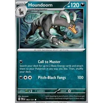 Karetní hra Pokémon PRE 063/131 Houndoom - Prismatic Evolutions Stav: Near Mint, Verze: POKÉBALL REVERSE HOLO