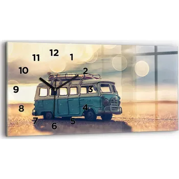 Hodiny Moderní skleněné nástěnné hodiny s potiskem 60 cm x 30 cm Karavan na pláži