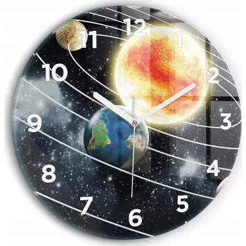 Hodiny Moderní skleněné hodiny s grafikou na zeď Sluneční soustava kulatý průměr 30 cm