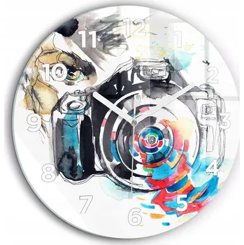 Hodiny Skleněné foto hodiny na zeď Žena fotografka kulatý bílé ručičky průměr 60 cm