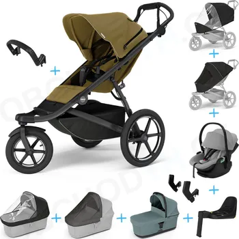 Kočárek Set 10v1 Thule Urban Glide 3 Nutria green + madlo + korbička Mid blue + pláštěnky a moskytiéry Thule + Autosedačka Thule Maple Light Gray s ISOFIX základnou Thule Alfi a adaptéry
