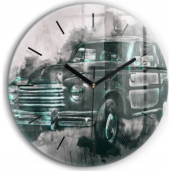 Hodiny Minimalistické Skleněné Nástěnné Hodiny s Grafikou Old-School Auta fi60 cm