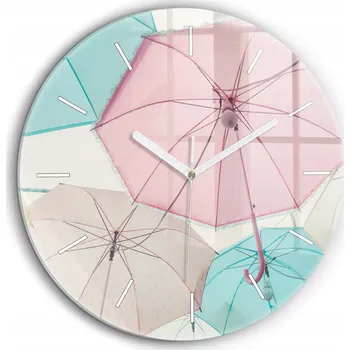 Hodiny Moderní skleněné nástěnné hodiny Pastelové deštníky bílé ručičky průměr 60 cm