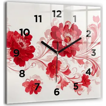 Hodiny Čtvercové Skleněné Hodiny Minimalistické Nástěnné Červené květy 60x60 cm