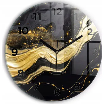 Hodiny Moderní skleněné foto hodiny na zeď tichý mechanismus Zlatý mramor průměr 30 cm