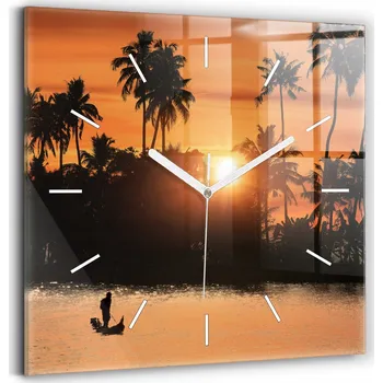 Hodiny Nástěnné čtvercové skleněné hodiny se vzorem západu slunce a palem 30x30 cm