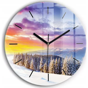 Hodiny Skleněné hodiny Zimní horská krajina fi60 cm bílé