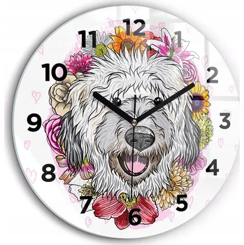 Hodiny Skleněné nástěnné hodiny Šťastný pejsek v květinách černé ručičky průměr 60 cm