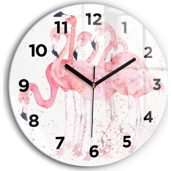 Hodiny Skleněné foto hodiny na zeď Hejno Plameňáků kulatý černé ručičky průměr 60 cm