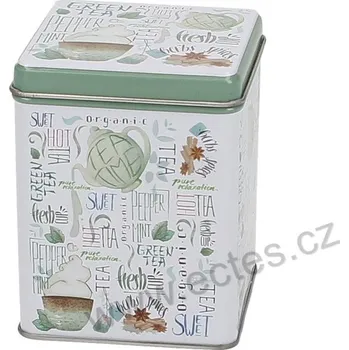 Dóza na potraviny FRESH TEA bílozelená plechová dóza na čaj 7420 čajové nádobí, lístky čaje a nápisy