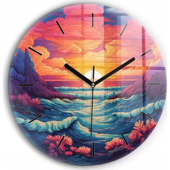 Hodiny Moderní skleněné foto hodiny na zeď Pohádkový oceán a nebe kulatý průměr 30 cm