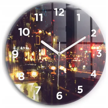 Hodiny Čtvercové Skleněné Nástěnné Hodiny do Kanceláře s Grafikou Malované Město fi30 cm