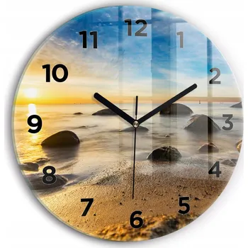 Hodiny Moderní skleněné foto hodiny na zeď Východ slunce Baltské moře průměr 30 cm