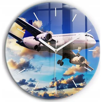 Hodiny Moderní skleněné nástěnné hodiny Letadlo v oblacích bílé ručičky průměr 60 cm