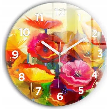 Hodiny Čtvercové Skleněné Nástěnné Hodiny do Obýváku s Motivem Barevných Maků fi30 cm