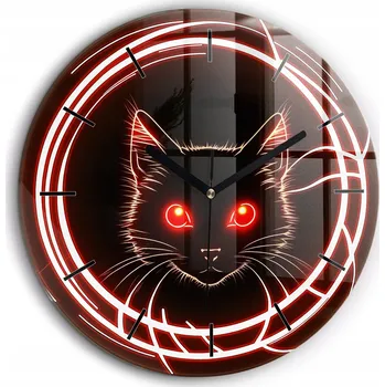 Hodiny Skleněné foto hodiny na zeď Kočka s červenýma očima černé ručičky průměr 60 cm