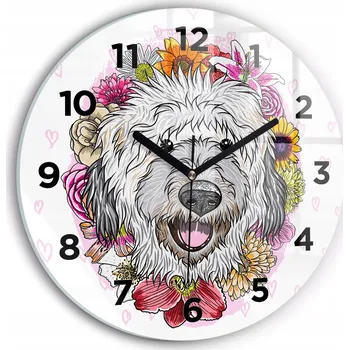 Hodiny Čtvercové Skleněné Foto Hodiny na Zeď Šťastný pejsek v květinách fi30 cm