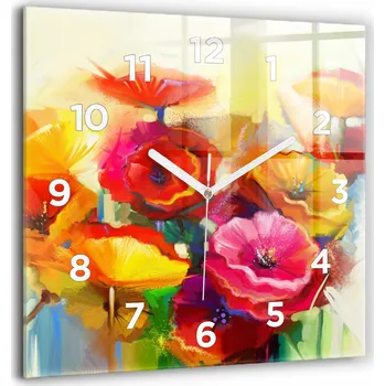 Hodiny Čtvercové skleněné nástěnné hodiny do kanceláře s grafikou Barevné máky 60x60 cm
