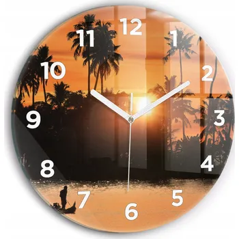 Hodiny Moderní skleněné nástěnné hodiny s potiskem Západ slunce a palmy průměr 30 cm