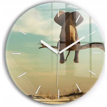 Hodiny Moderní skleněné hodiny s grafikou na zeď Slon na stromě kulatý průměr 30 cm