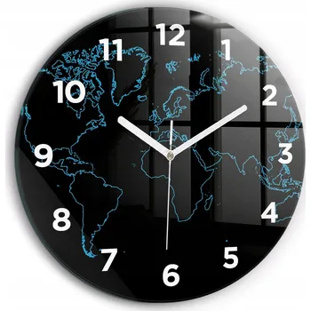 Hodiny Moderní skleněné nástěnné hodiny Obrysy mapy světa kulatý průměr 30 cm