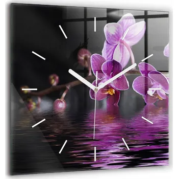 Hodiny Čtvercové Skleněné Nástěnné Hodiny do Kanceláře Květ orchideje na vodě 60x60 cm