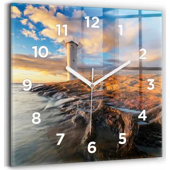 Obraz Čtvercové Skleněné Foto Hodiny na Zeď Maják a Baltské moře 30x30 cm