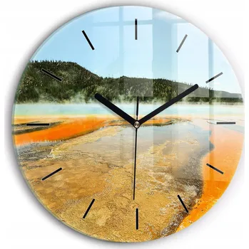 Hodiny Moderní skleněné hodiny s grafikou na zeď Jezero s horami kulatý průměr 30 cm