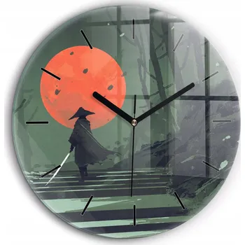 Hodiny Skleněné foto hodiny na zeď Samuraj v lese kulatý černé ručičky průměr 60 cm