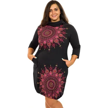 Dámské šaty Himalife Balonové šaty s límcem Tara - černá s růžovou Velikost: XXL - Móda pro plnoštíhlé, Oblečení nadměrné velikosti