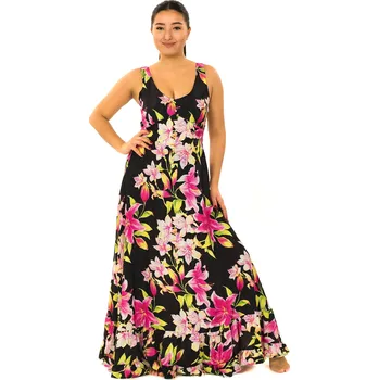 Dámské šaty Himalife Dlouhé šaty s volány Lilie - černá s růžovou Velikost: XXL/3XL - Móda pro plnoštíhlé, Oblečení nadměrné velikosti