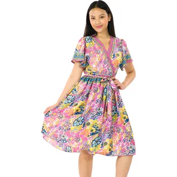 Dámské šaty Himalife Zavinovací šaty s krátkým rukávem Paisley - růžová s tyrkysovou Velikost: L/XL - Móda pro plnoštíhlé, Oblečení nadměrné velikosti