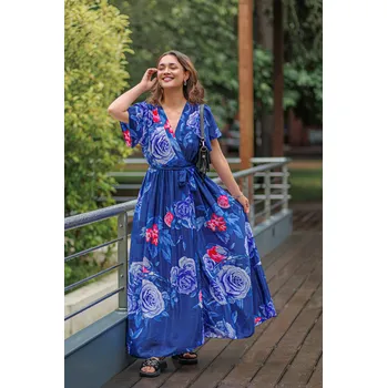 Dámské šaty Himalife Dlouhé zavinovací šaty Kesha - tmavě modrá Velikost: 4XL/5XL - Móda pro plnoštíhlé, Oblečení nadměrné velikosti