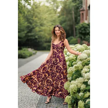 Dámské šaty Himalife Dlouhé šaty s volány Persia - vínová se zlatou Velikost: S/M