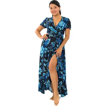 Dámské šaty Himalife Zavinovací šaty s volány Růže - černá s modrou Velikost: XL - Móda pro plnoštíhlé, Oblečení nadměrné velikosti