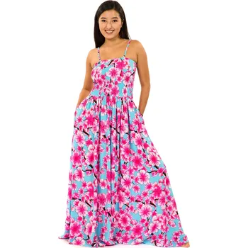 Dámské šaty Himalife Dlouhé šaty s kapsami Sakura - tyrkysová s růžovou Velikost: XXL/3XL - Móda pro plnoštíhlé, Oblečení nadměrné velikosti