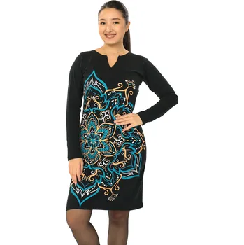 Dámské šaty Himalife Šaty s dlouhým rukávem Sheela - černá s tyrkysovou a žlutou Velikost: 3XL - Móda pro plnoštíhlé, Oblečení nadměrné velikosti