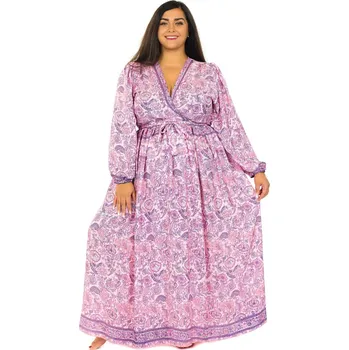 Dámské šaty Himalife Zavinovací šaty s dlouhým rukávem Paisley - pudrové s fialovou Velikost: XXL/3XL - Móda pro plnoštíhlé, Oblečení nadměrné velikosti