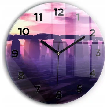 Hodiny Ozdobné nástěnné hodiny s krásnou grafikou Západ slunce ve Stonehenge kulatý průměr 30 cm