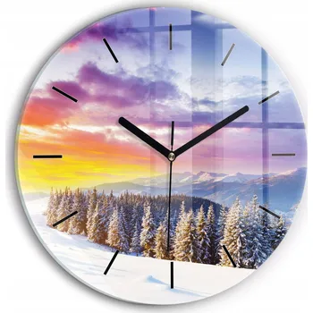 Hodiny Čtvercové Skleněné Nástěnné Hodiny s Grafikou Zimní Horská Krajina fi30 cm