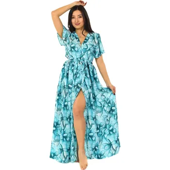 Dámské šaty Himalife Dlouhé zavinovací šaty Nala - tyrkysová s bílou Velikost: S/M