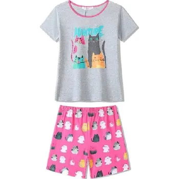 Dívčí pyžamo DÍVČÍ PYŽAMO S KOČKAMI A KRÁTKÝM RUKÁVEM NOVINKA Barva: Šedorůžová, Velikost: 158