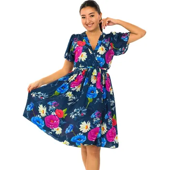 Dámské šaty Himalife Zavinovací šaty s krátkým rukávem Vlčí mák - tmavě modrá Velikost: L/XL - Móda pro plnoštíhlé, Oblečení nadměrné velikosti