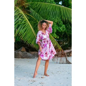 Dámské šaty Himalife Šaty s širokými rukávy Samira - bílá s fialovou Velikost: 4XL/5XL - Móda pro plnoštíhlé, Oblečení nadměrné velikosti