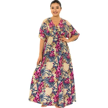 Dámské šaty Himalife Dlouhé maxi šaty s krátkým rukávem Orchid - béžová s růžovou Velikost: L/XL - Móda pro plnoštíhlé, Oblečení nadměrné velikosti